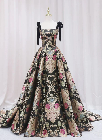 Vintage Satin Straps Floral Long Formal Evening Long Dress Prom Dress HZ1023